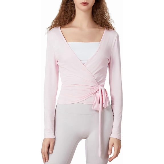 Women Cross Wrap Tops Long Sleeve Deep V Neck Tie Slim Fit T-Shirts Solid Color Workout Ballet Pilates Yoga Top