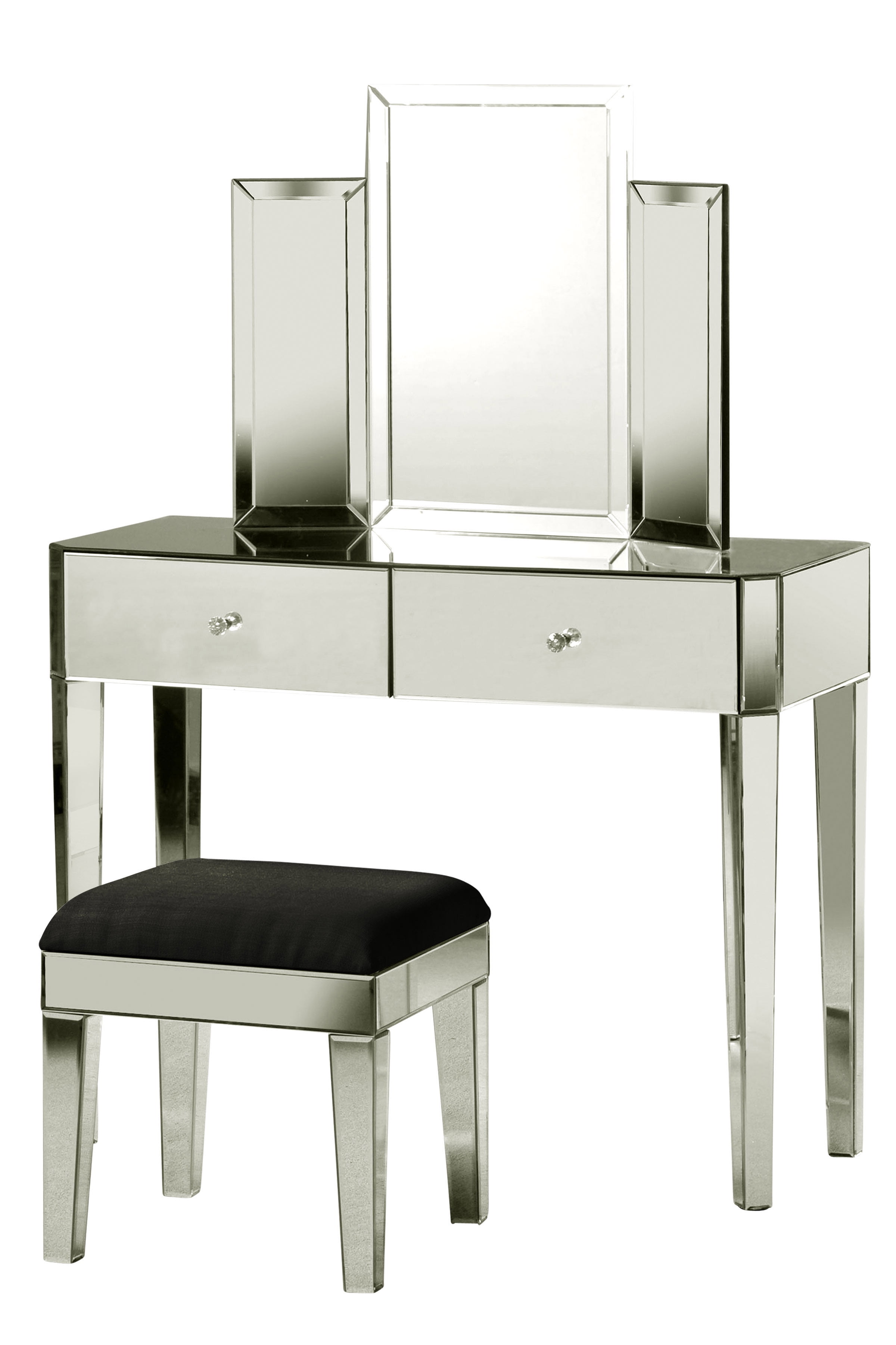 GwG Outlet Tri Fold Mirror W/ Two Drawer Vanity Table in Black Finish