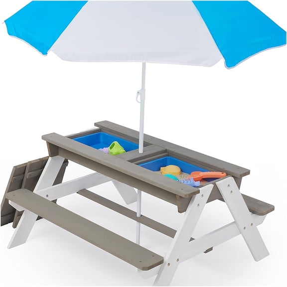 JERFIT Kids Wooden Picnic Table, 3-in-1 Outdoor Activity Table with Umbrella for Sand & Water Play, Backyard Patio Furniture Set