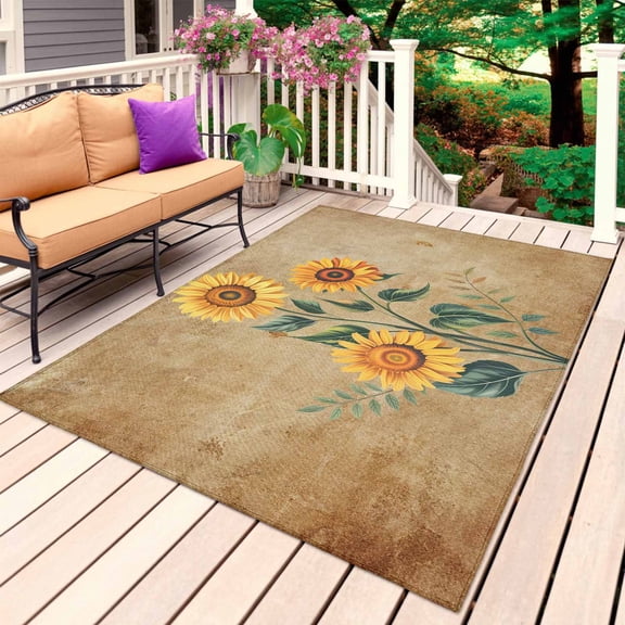 Sunflowers Outdoor Rug 6x9 Ft, Non Slip Washable Area Rug, Farmhouse Vintage Country Floral Plants Patio Rugs Carpet Runner, Large Floor Mat for Indoor/Outdoor Deck Porch Camping