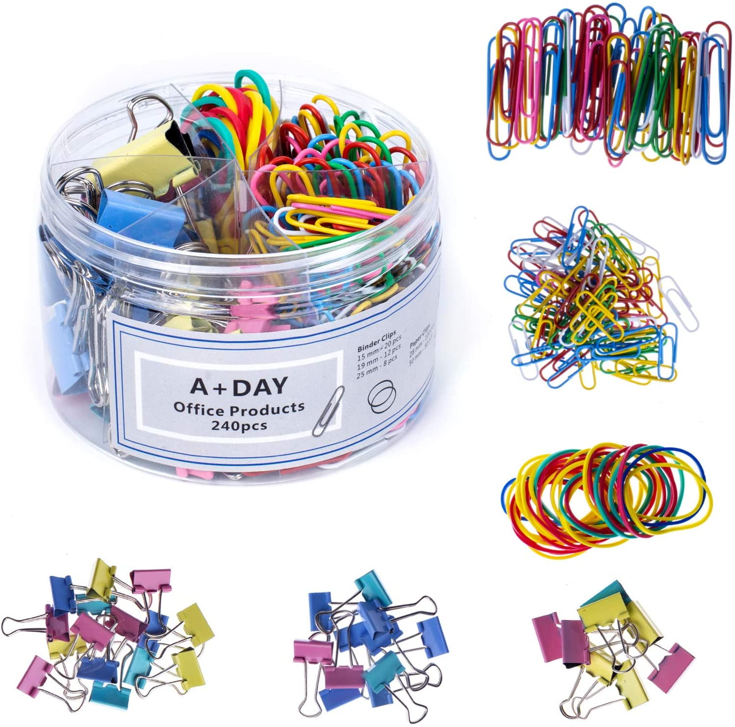 240 pcs Binder Clips, Paper Clips, Rubber Bands, Paper Clamps Assorted