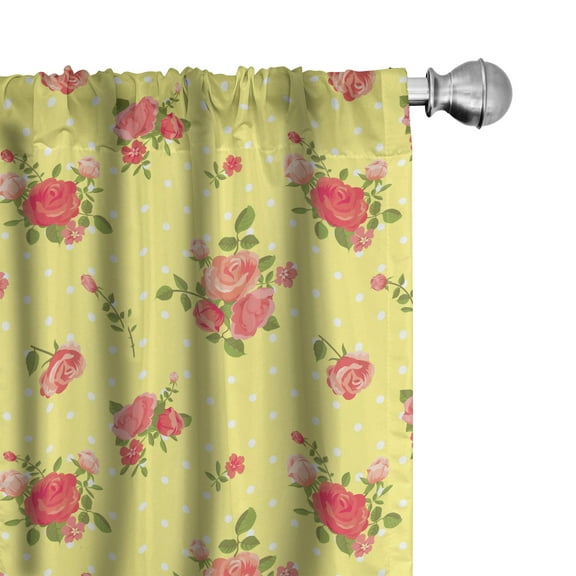 Ambesonne Rose Curtains, Old Fashioned Feminine, Pair of 28"x84", Yellow Coral Green
