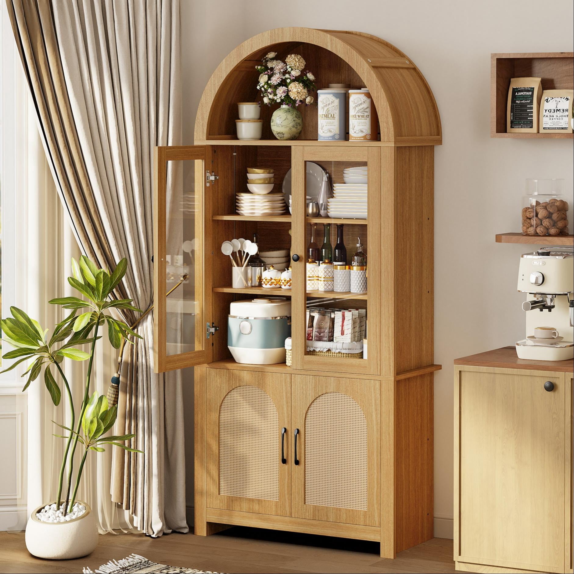 IRONCK 74.8" Tall Arched Pantry Cabinet, Kitchen Storage Cabinet with Rattan Doors & Glass Doors & RGB Lights & 6 Shelves