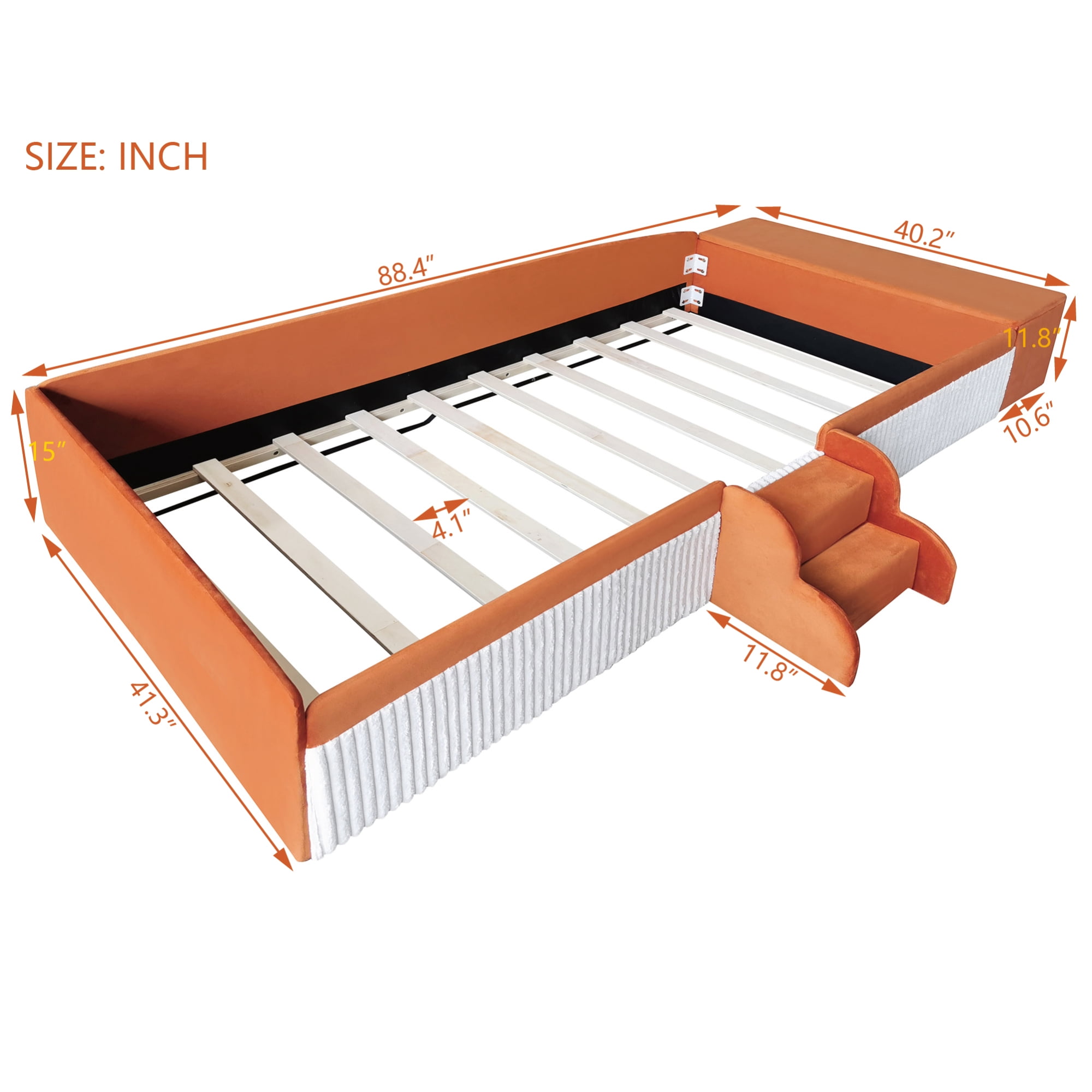 Leumius Twin Size Floor Bed Frame with Stairs & Gas Lift Storage Ottoman, Velvet Upholstered Daybed with Padded Guardrails, Brown+White
