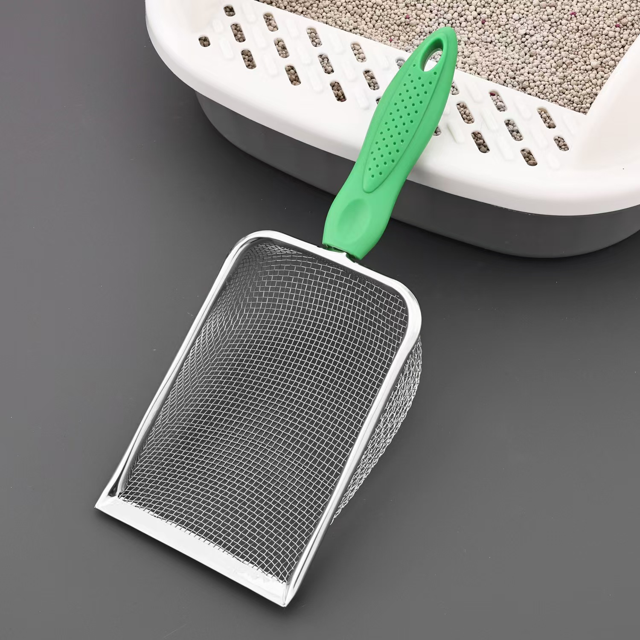 Metal Fine Mesh Cat Litter Scoop with Handle,Multifunctional Non-Stick Coated Reptile Litter Shovel Sand Hanging Hole Pet Cleaning Supplies