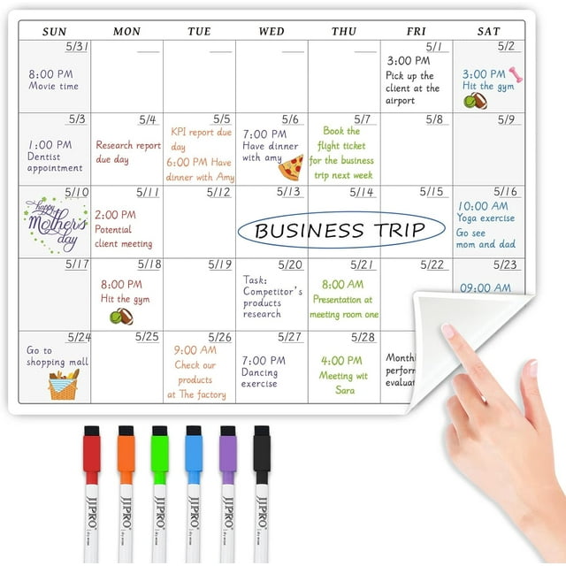 GFDYREE Calendrier Mensuel Réutilisable Non Magnétique, Tableau Blanc Adhérent à Toutes les Surfaces Lisses. Tableau de Planification Mensuel pour Réfrigérateur, Armoire, Porte et Mur, 6 Marqueurs Inclus!