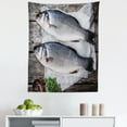 thumbnail image 1 of Bass Fish Tapestry, Culinary Delicious Sea Food Raw Thyme Rustic Wooden Table Cuisine Artwork, Fabric Wall Hanging Decor for Bedroom Living Room Dorm, 5 Sizes, Purpleblue White, by Ambesonne, 1 of 1