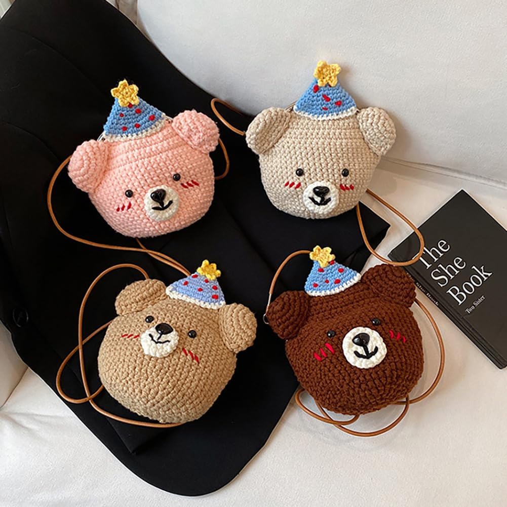 Baguery Handmade Crochet Party Hat Bear Crossbody Bag - Cute Knitted Animal Purse with Metal Frame, Mini Shoulder Bag for Women
