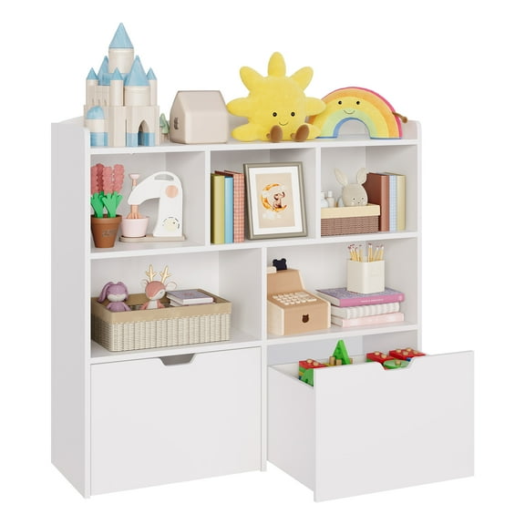 Kids Toy Storage Cabinet & Bookshelf Organizer – Movable Drawers, 3-Tier Open Shelves, Hidden Wheels – Versatile Bookcase for Playroom, Nursery