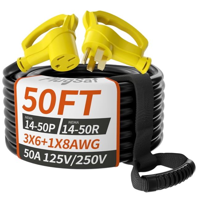 Enchufes de cable de extensión RV/EV, 50 pies, 50 A, 6/3+8/1 AWG, impermeables