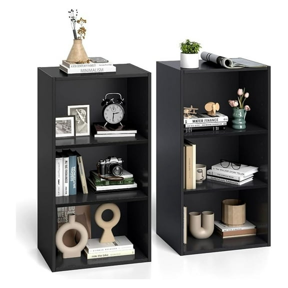3 Tier Small Open Bookshelf Set of 2, Short Bookcase with 2 Adjustable Shelves, Multifunctional Storage Cabinet, Modern Display Shelf for Living Room, Bedroom, Study, Home Office, Black