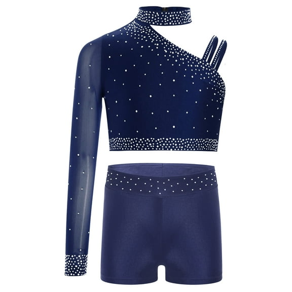 Haitryli Kids Girls Gym Skating Performance Dance Outfits Sparkly One Shoulder Crop Tops and Shorts Set Navy Blue 14