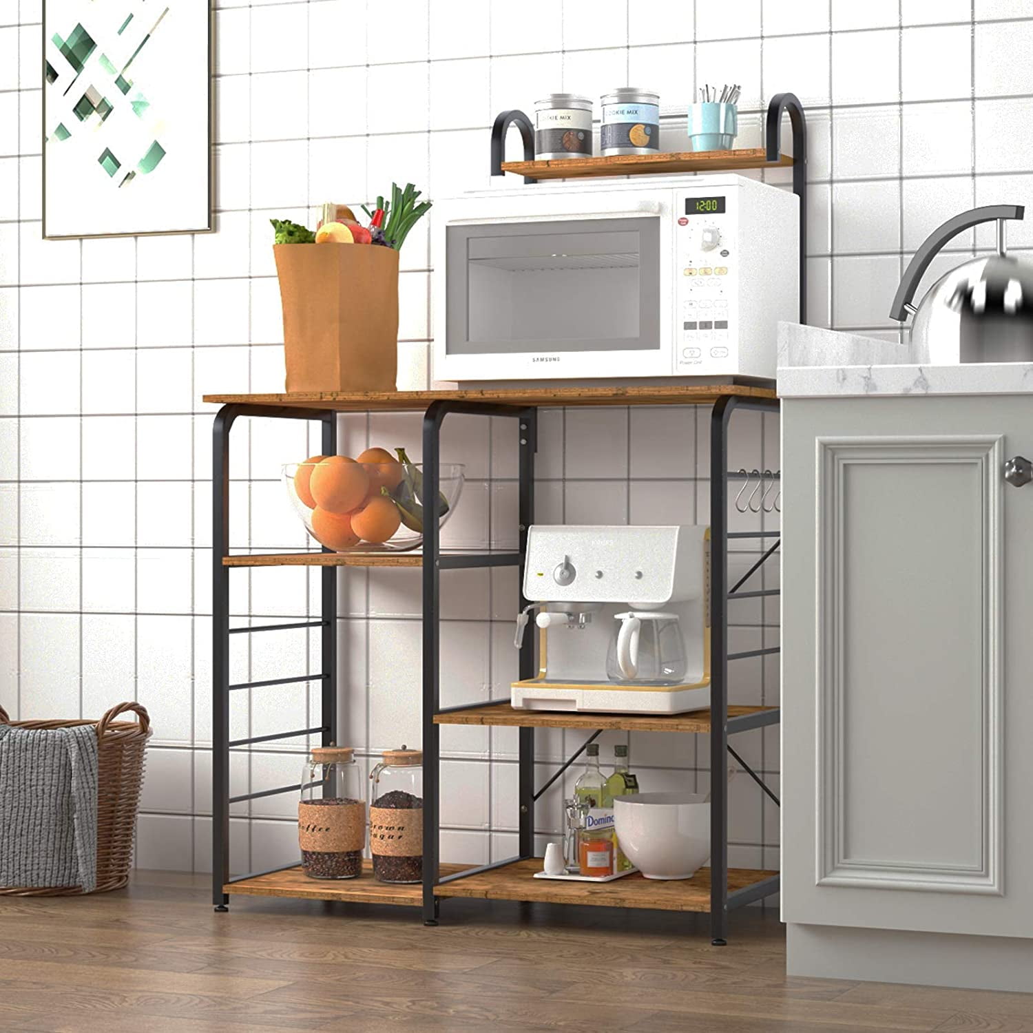 SogesPower Kitchen Stand 4-Tier Storage Shelf with Hooks Microwave 