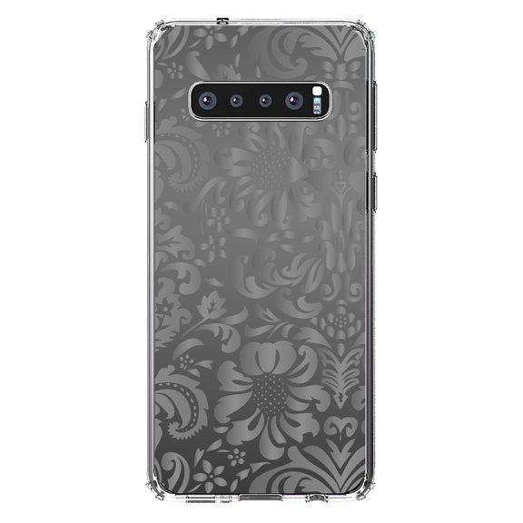 DistinctInk Clear Shockproof Hybrid Case for Samsung Galaxy S10 (6.1" Screen) - TPU Bumper, Acrylic Back, Tempered Glass Screen Protector - Shades of Grey Floral Pattern