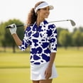 thumbnail image 4 of Uorisanigo Blue Cow Print Women's Golf Top Breathable Polyester Spandex Fabric Moisture Wicking Tennis Activewear Soft Stylish Outing Wear with Zipper 3/4 Sleeve Pullover Size 2XL, 4 of 7