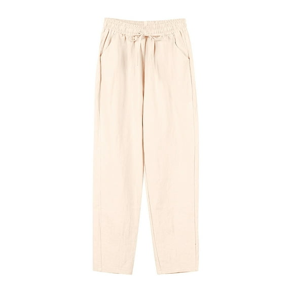 ZHENHONG Casual Pants for Women Women's Cotton Linen Straight Leg Pants Elastic Drawstring Casual Trousers With Pockets Summer Beach Pants