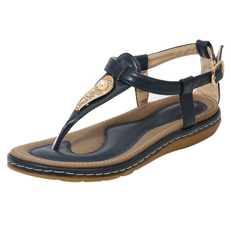 

KaLI_store Open Toe Sandals Women Summer Flat Casual Beach Shoes Bohemian Flip Flops Sandals Blue