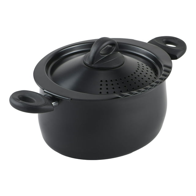 Olla para pasta antiadherente Bialetti de aluminio de 5.5 cuartos con tapa coladora y asas, ovalada, antiadherente y sin PFOA, color negro