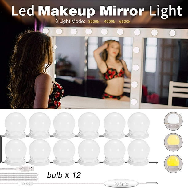 Miroir de maquillage allume 10 ampoules LED, lampes de miroir de maquillage  3 couleurs, lumières de miroir de courtoisie avec fonction de mémoire USB 