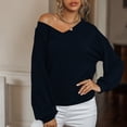 thumbnail image 3 of Prendas de punto Mujer Cuello en V Linterna Manga larga Suéter de punto suelto Camisa de tejer Top para otoño Azul marino L, 3 of 6