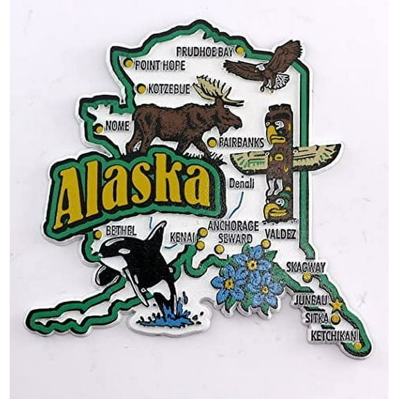 Alaska State Map and Landmarks Collage Fridge Collectible Souvenir Magnet FMC
