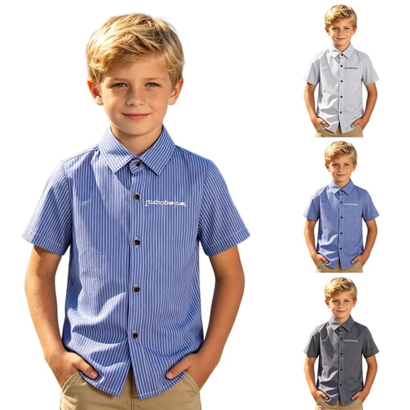 Fozruso Boys Striped Pattern Short Sleeve Dress Shirt Button Front School Uniform Shirts for Toddler and Kids