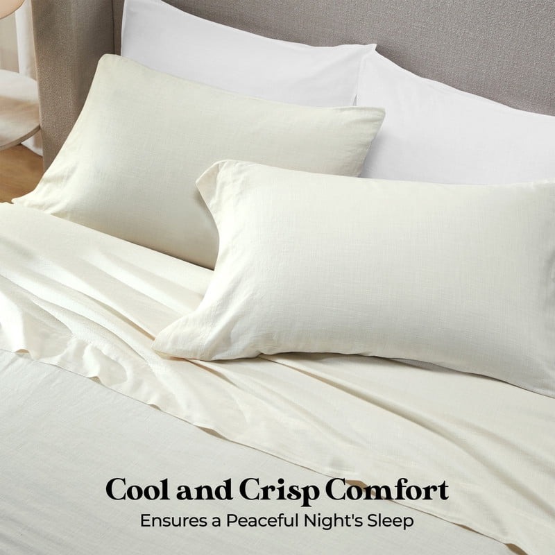 Superior Chloe 100% Cotton Percale Linen Texture Bed Sheet Set, Queen, Ivory