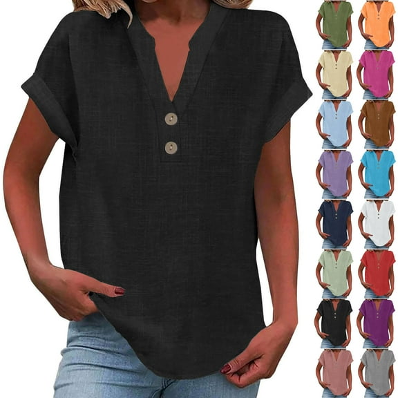 Short Sleeve Shirts for Women,Summer Button Tunic Tops V Neck Casual Shirt Solid Loose Fit Blouses 2026 Sky Blue 2XL