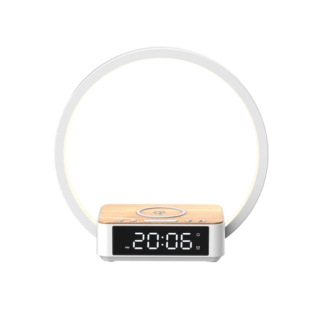 Lámpara de noche Cargador inalámbrico Lámpara de escritorio LED con reloj despertador, control táctil 3 tonos de luz, lámpara de mesa de carga inalámbrica