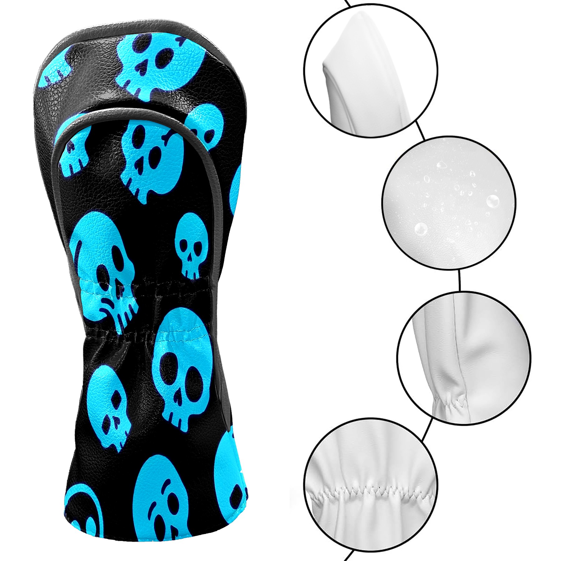 Golf Club Covers, Blue Skeleton Premium PU Leather Driver Hybrid Putter Head Covers with Velvet Lining, Waterproof Golf Gifts for Men Women