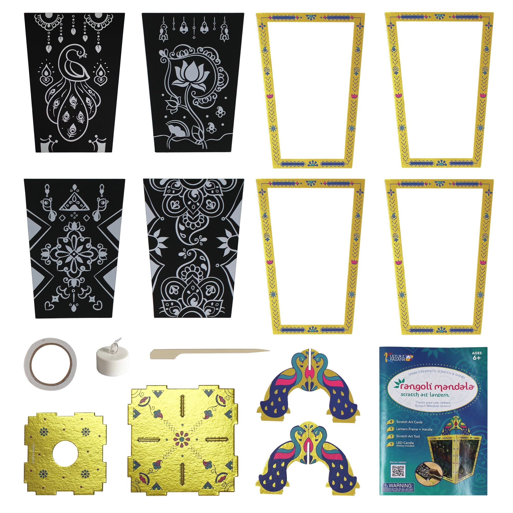 Kulture Khazana: Rangoli Mandala Scratch Art Lantern - DIY Craft Kit, LED Candle, 12" Tall, India & South Asian Culture Activity Kit, Kids Ages 6+