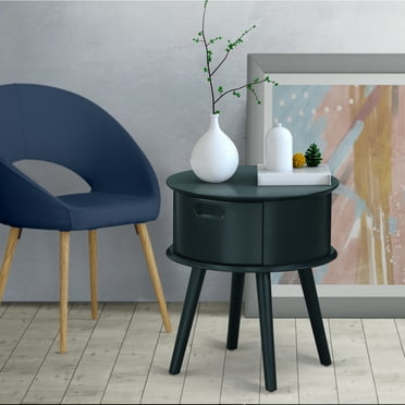 HomeStock Modern Muse Round Night Stand End Table With Drawer In Navy Blue Finish