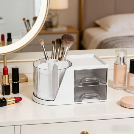 Roiihwy Pen Holder for Desk  360°Rotating Desk Makeup Organizer Pen Pencil Holder with 2 Drawer for Bathroom Desk Organizers and Accessories(White)