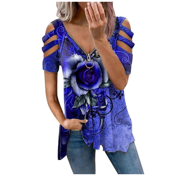 Top de camiseta de manga corta con estampado de manga corta y cremallera con cuello en V hueco para mujer Pompotops hkajfhjk464043