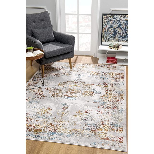 homeroots home decor 390563 8’ x 11’ Gray and Beige Distressed Ornate Area Rug