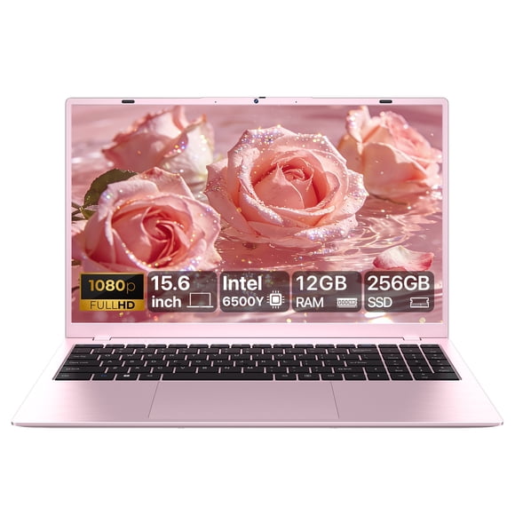 RNRUO 15.6" Laptop Computer, Intel 6500Y 12GB RAM 256GB ROM, Windows 11 Office 2024 Type-C PD 1080p Display Dual 4K Output Numeric Keypad Portable for Business Work Study, Pink