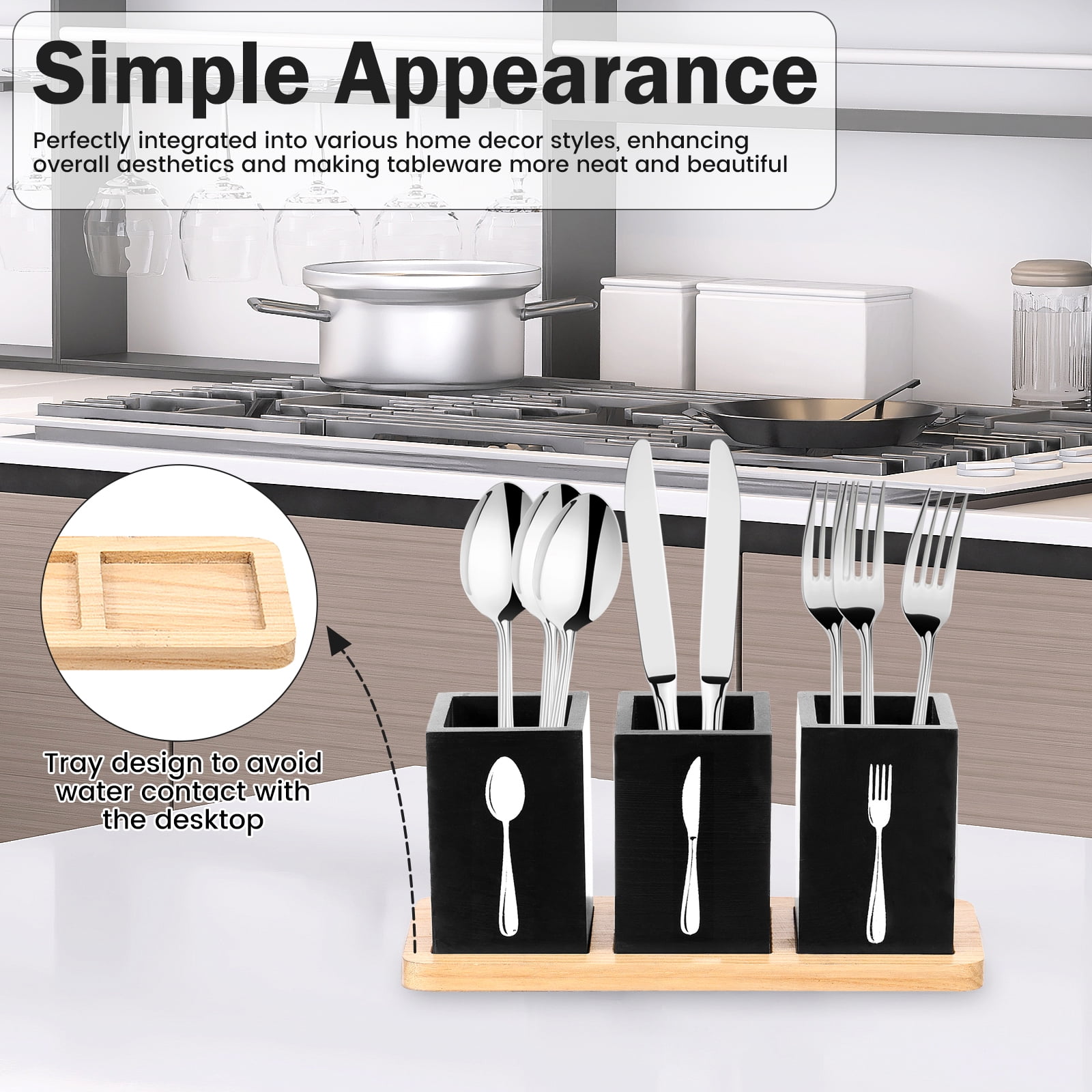 Tzdxfgl Wood Utensil Holder for Kitchen Counter, 3 Compartments Silverware Organizer Caddy, Black