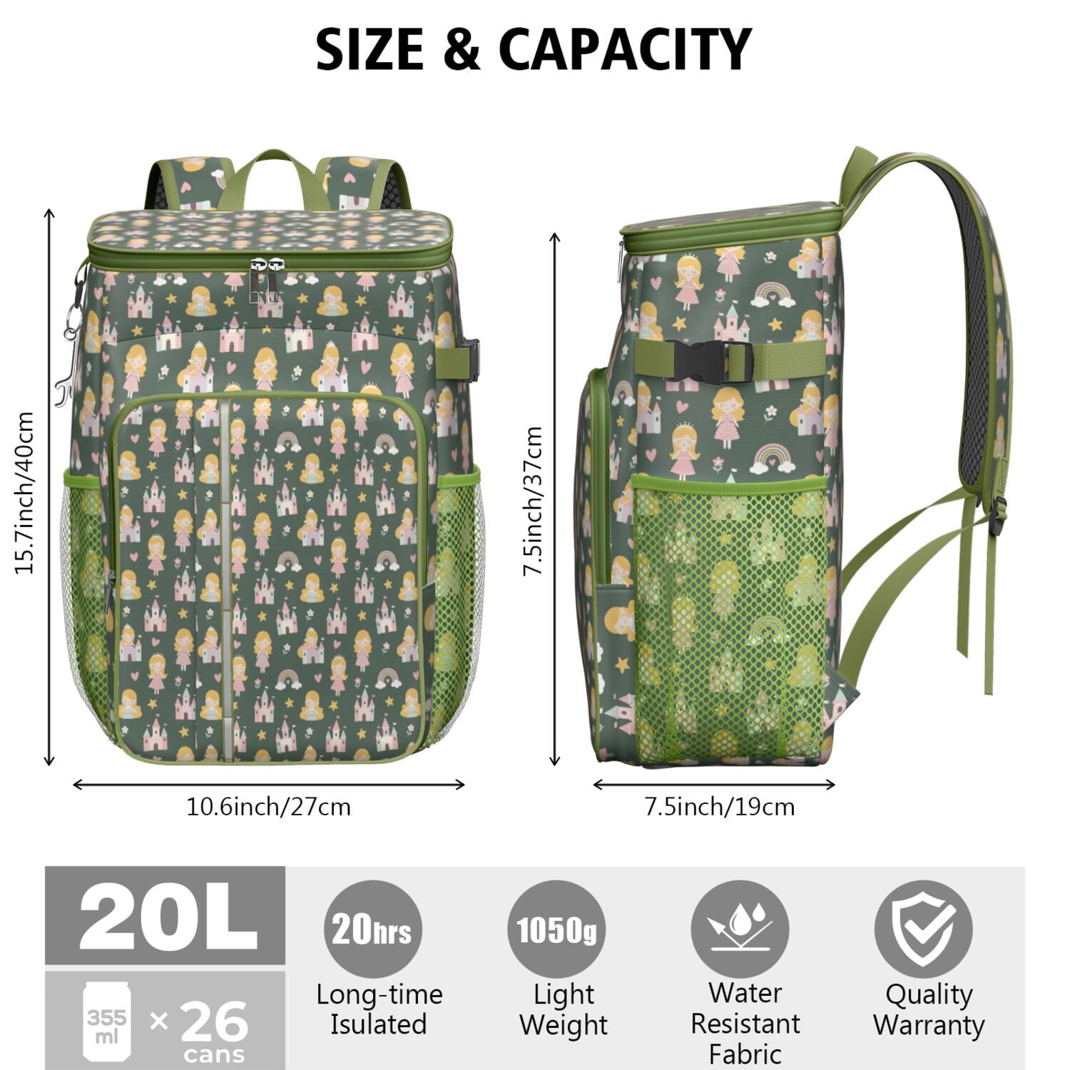 Travel Cooler Bag - Dark Green Princess Castle Pattern Camping Beer Cooler Backpack with Bottle Opener- Waterproof Insulated Picnic Backpacks - Cooler Bag for Beach