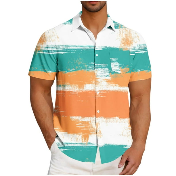 Blusa y camisa de manga corta con cuello vuelto para hombre, informal, a la moda, con estampado de bolsillo y botones, de poliéster.
