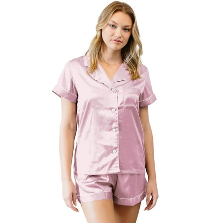 

Belles Design Womens Short Sleeve Satin Silk Pajama Set Button Down 2 pieces Loungewear Sleepwear