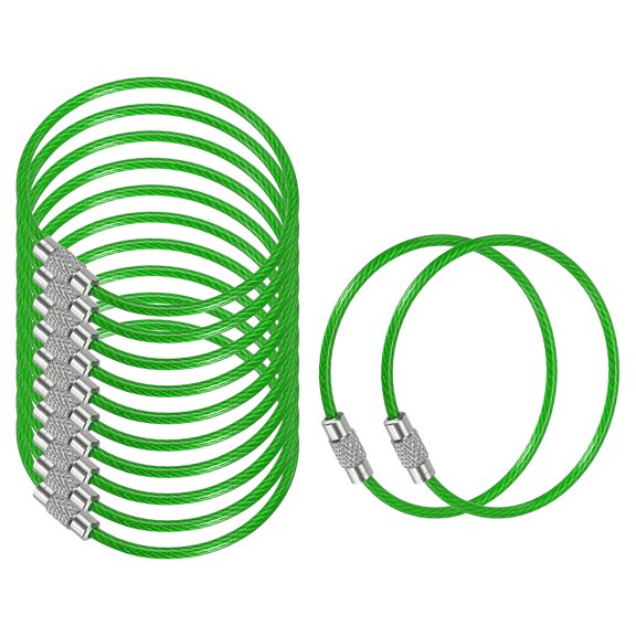 5.9 Inch Stainless Steel Wire Keychain Cable Key Ring Loop, Green, 12 Pack