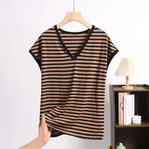 Pijama de manga corta para mujer, informal, holgado, a rayas, con cuello en V, de verano, fino, de poliéster