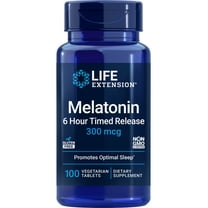 Life Extension Melatonin 6 Hour Timed Release, 300 mcg, extended-release formula for gentle sleep support, healthy circadian rhythms, cellular defense, gluten-free, non-GMO, vegetarian, 100 tablets
