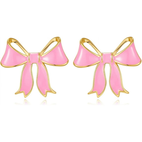 Fatay-T Gold Bow Earrings for Women Teen Pink Bowtie Dainty Long Tassel Drop Stud Trendy Statement Jewelry Gift