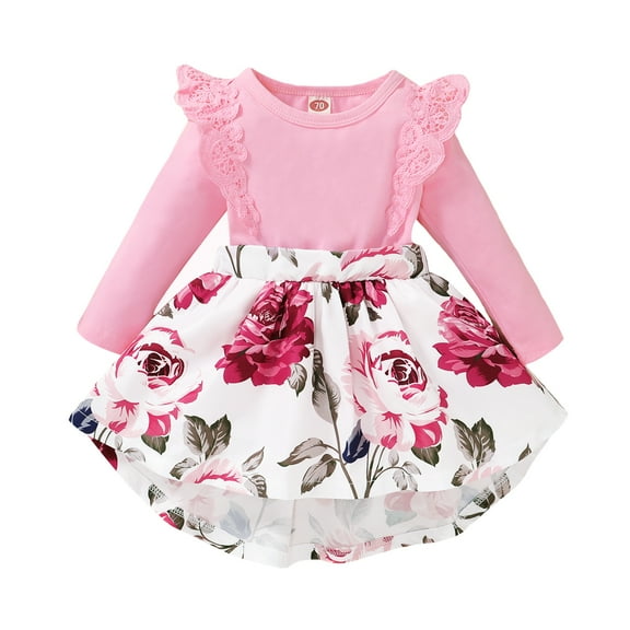 KIMI BEAR 2T Toddler Baby Girls Rompers 3T Toddler Girls Bodysuits Round Neck Ruffle Long Sleeves One-piece Floral Dress Romper Fall Pink