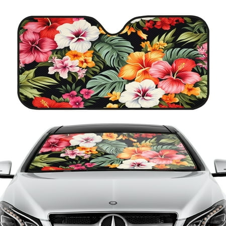 Car Windshield Sun Shade 55x30 Inch UV Protection Sun Visor for Front Window Fits Cars & SUVs-vibrant_Hawaiian_print_with_colorful_tropical_flowers_and_palm_leaves