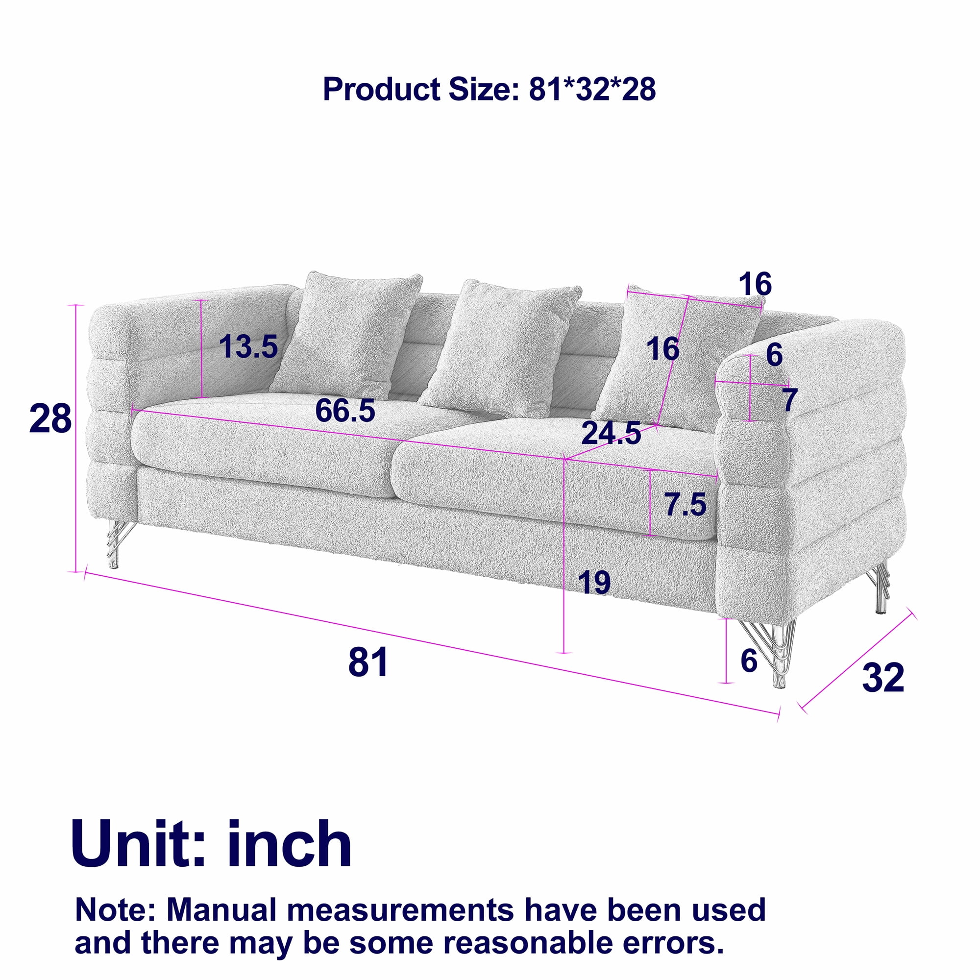 Kadyn 81" Loveseat 3 Seater Sectional Sofa, Fabric Sofa with 3 Pillows, Upholstered Sofa Couch for Living Room, White Teddy