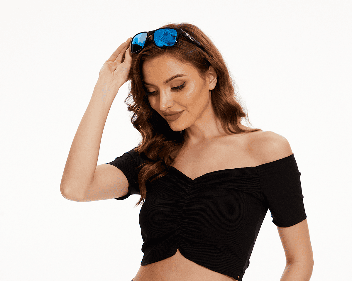 BNUS Polarized Sunglasses Men Women Corning Real Glass Lens Shiny Black / Blue Mirrored Lenses