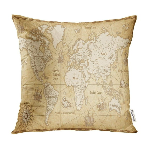 BOSDECO Great Detail of The World Map in Vintage Mountains Trees Cities and Main Rivers on Old Pillow Case Pillow Cover 18x18 inch