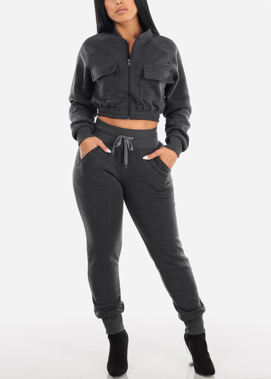 Womens Two Piece Set Zip Up Cropped Jacket And Jogger Pants Charcoal 2 PCE